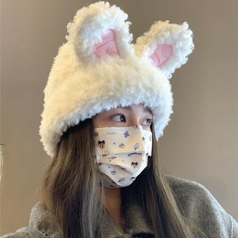 Classy key新加坡设计师联名款毛绒兔耳朵针织渔夫帽子保暖包头帽