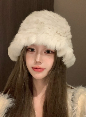 Classy key新加坡设计师联名款白色兔毛渔夫帽保暖护耳针织毛线帽