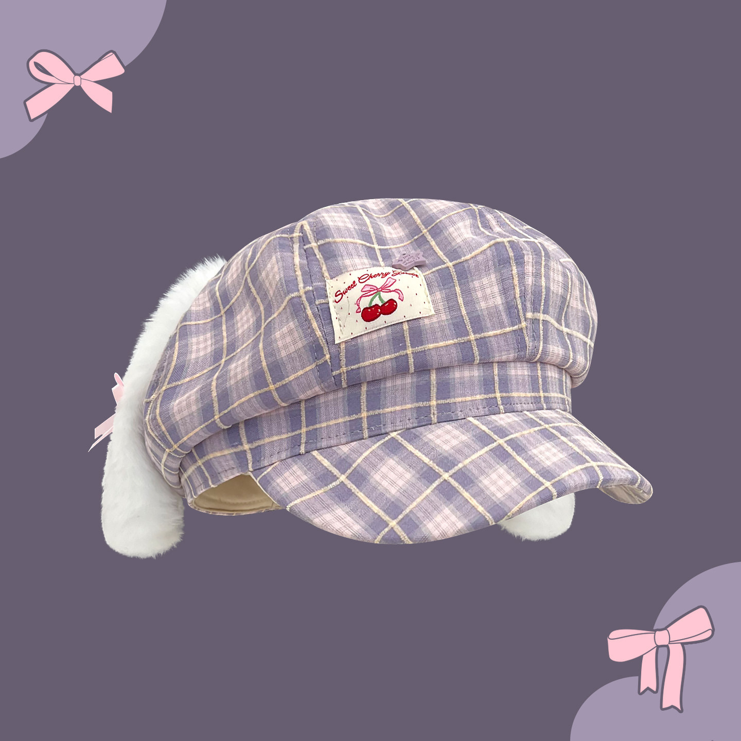 Classy key新加坡设计师联名款可爱耳朵格纹贝雷帽子显脸小