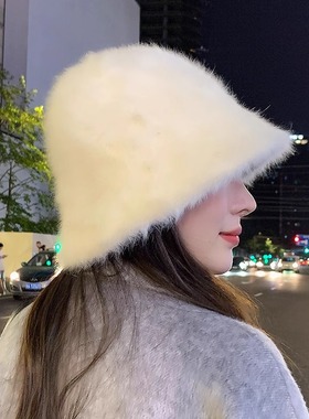 Classy key新加坡设计师联名款白色帽子女秋冬季保暖水桶帽显脸小