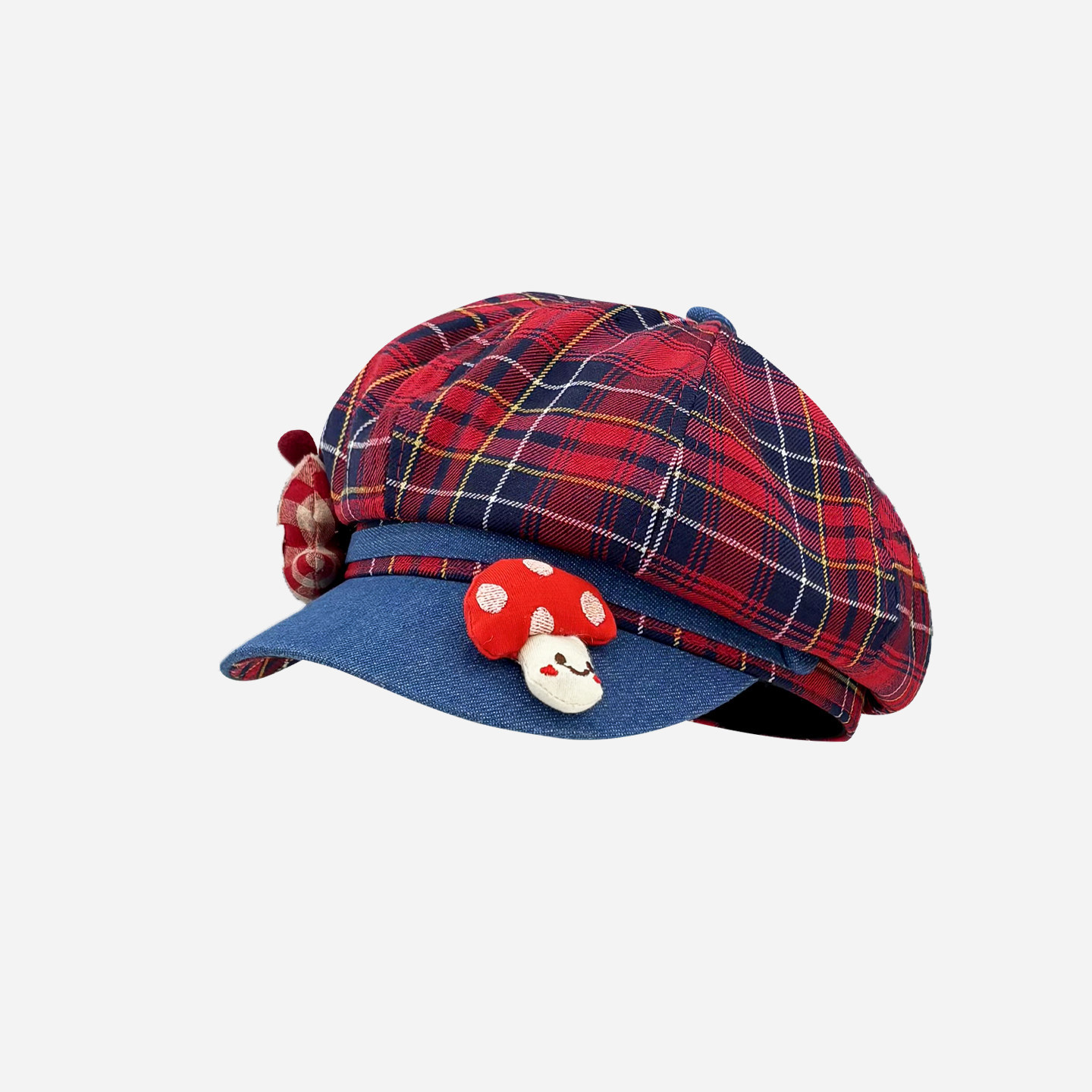 Classy key新加坡设计师联名款牛仔拼格纹蘑菇贝雷帽大头围