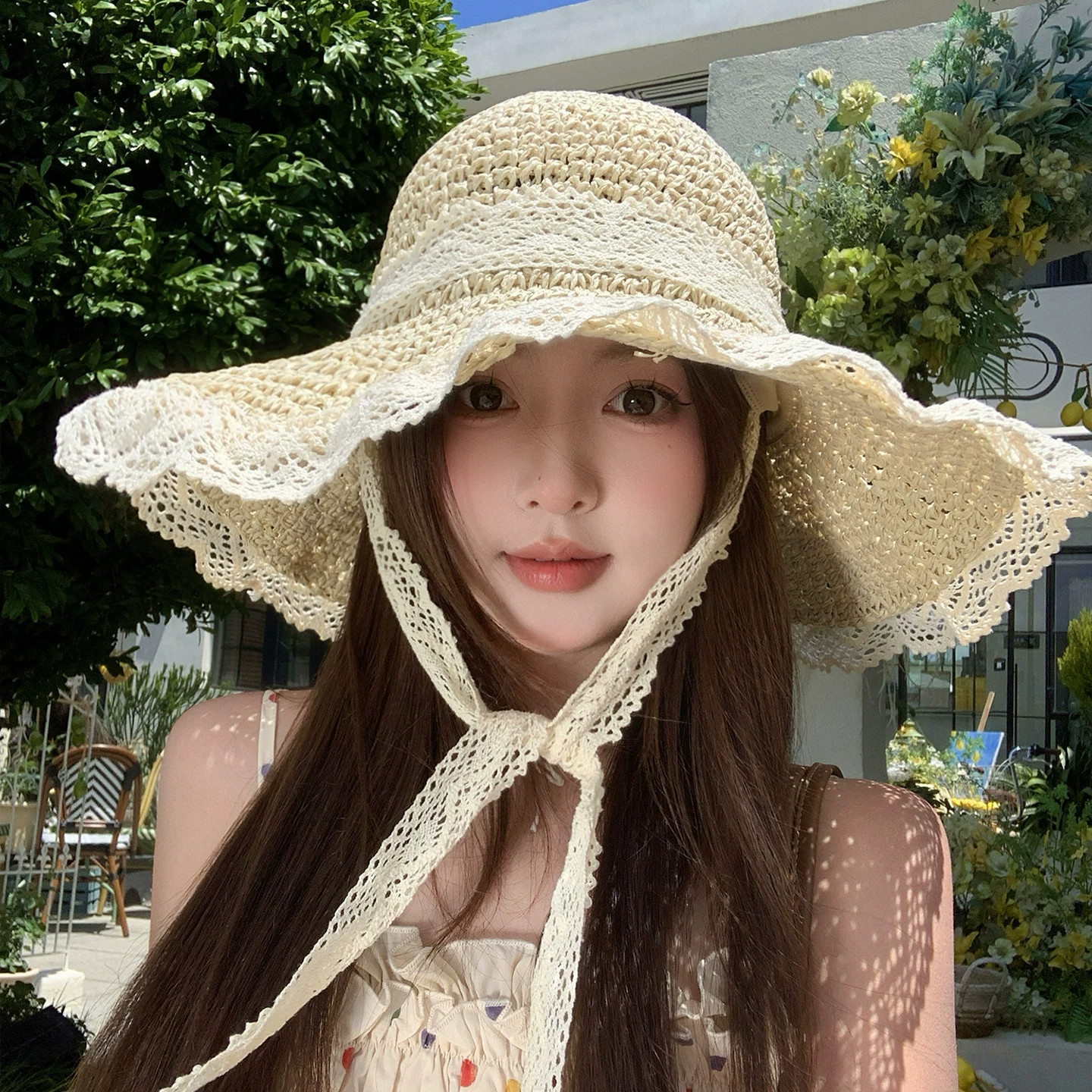 Classy key新加坡设计师联名款大檐沙滩遮阳帽显脸小防晒蕾丝草帽