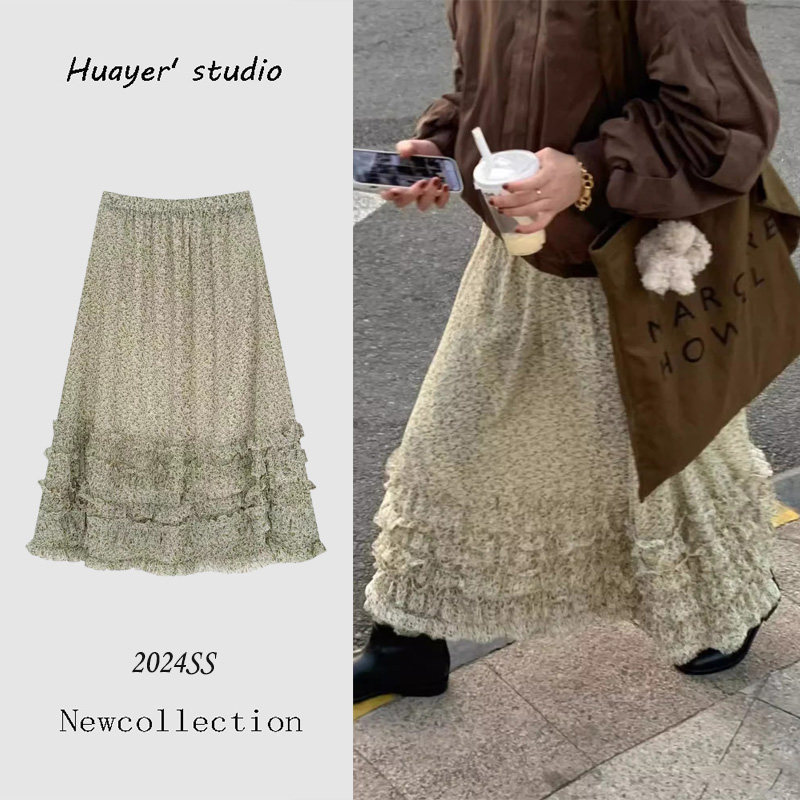 韩国chic复古碎花半身裙女春夏雪纺木耳边拼接a字长裙层层蛋糕裙,女装/女士精品,半身裙,淘宝优惠券,粉丝福利购,淘宝优惠卷