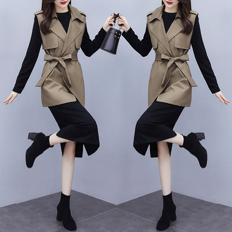 以純秋水伊人官方旗舰店风衣马甲针织连衣裙套装春秋新款时尚气质