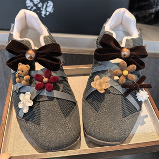 韩版秋冬植绒鞋带扣鞋花高级感芭蕾风小熊蝴蝶结珍珠花朵鞋配饰品