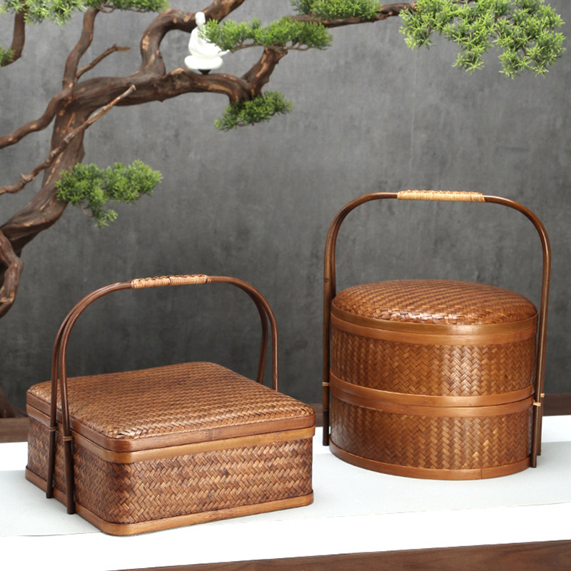 古风手提篮竹盒带盖子茶具收纳非遗竹编篮外出露营野餐盒中式茶点