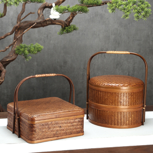 古风手提篮竹盒带盖子茶具收纳非遗竹编篮外出露营野餐盒中式茶点