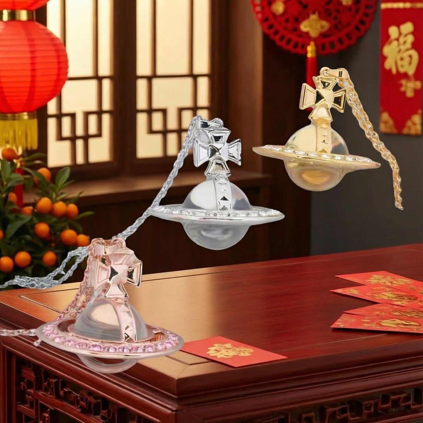 立体设计女士项链欧美风格满钻立体透明珠土星球铆钉项链