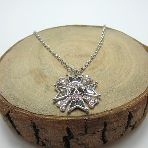 灰白色骷髅头双骨土星项链--B8204