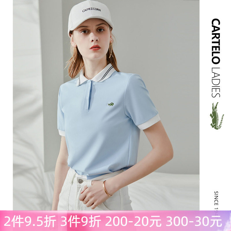 卡帝乐鳄鱼女装蓝色日系POLO衫女短袖运动T夏季2022新款Polo领T恤