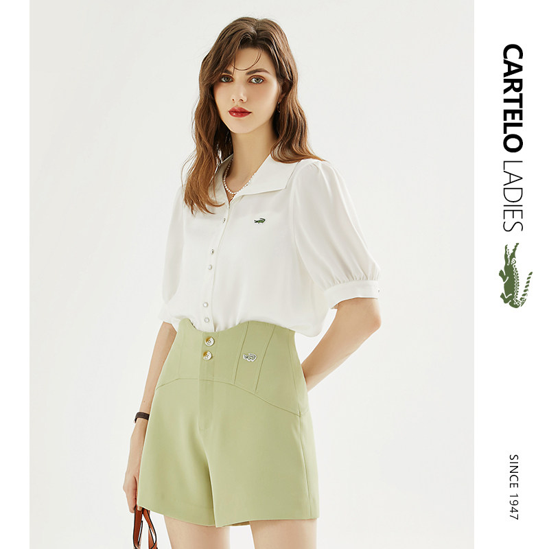 鳄鱼白色雪纺衬衫女短袖夏季薄款灯笼袖上衣韩版修身百搭显瘦衬衣
