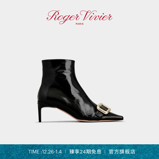 24期免息 Viv Roger RV女鞋 Canard金属扣细跟皮革短靴 Vivier