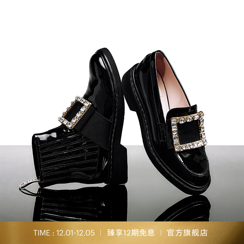 钻扣圆头漆面牛皮复古女鞋乐福