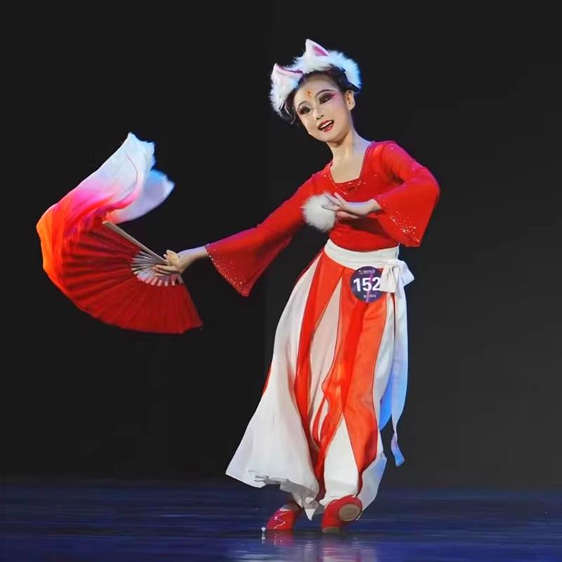 俏红狐儿童演出服少儿小狐仙飘逸古典舞扇子舞小狐狸舞蹈表演服装