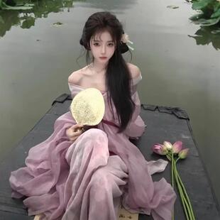 衫 成人古风直裾大袖 清冷风襦裙夏 荷花汉服2025新款 紫色魏晋风古装