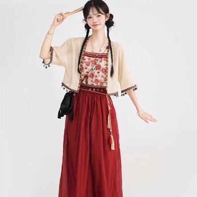 原创汉服女新中式汉元素印花吊带短衫灯笼裤日常通勤夏季