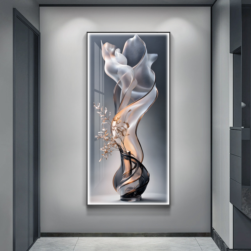 简约现代玄关装饰画客厅高级感竖版挂画走廊过道抽象花卉晶瓷壁画图片