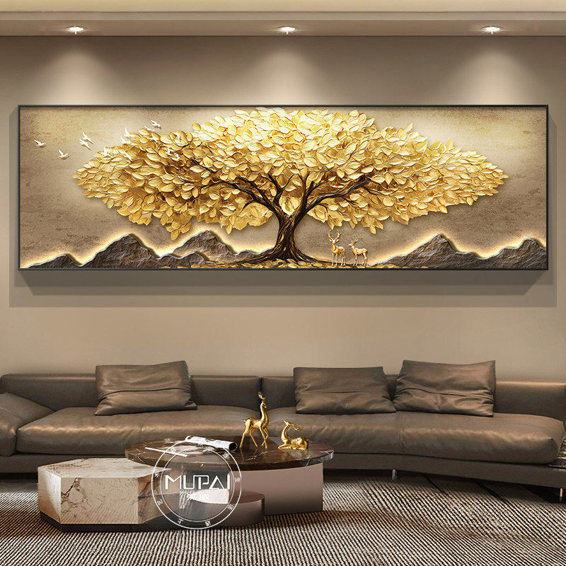 LED灯发财树客厅装饰画轻奢高级感沙发背景墙挂画卧室床头壁画新