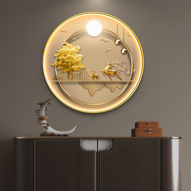 轻奢招财入户玄关客厅圆形装饰画新中式寓意好餐厅走廊带灯挂画