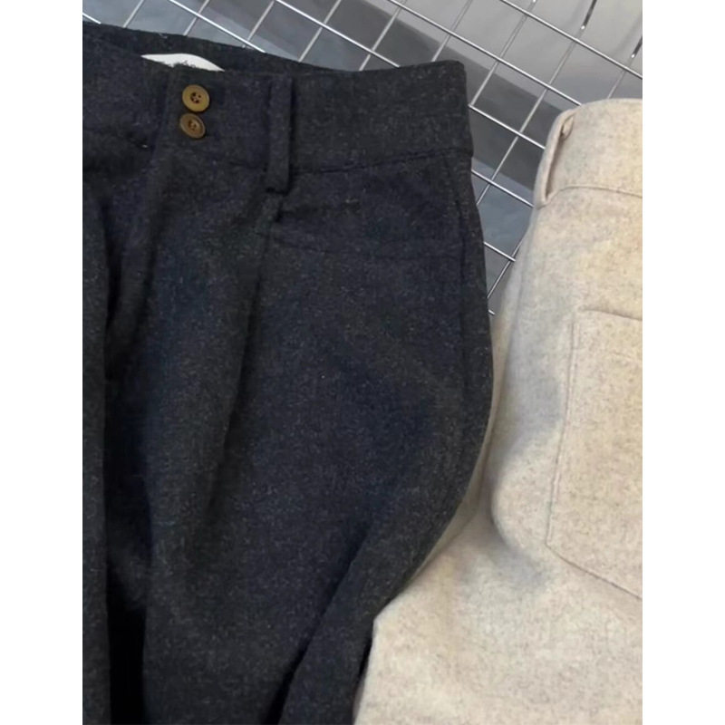 CHAO级推荐!黑色羊毛呢裤子女秋冬加厚高腰宽松休闲羊绒阔腿裤