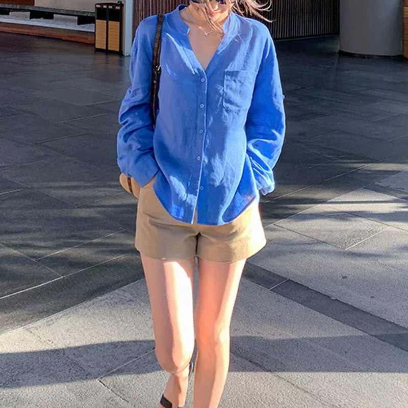 老钱质感 1OO亚麻V领衬衫女慵懒宽松透气薄款长袖衬衣
