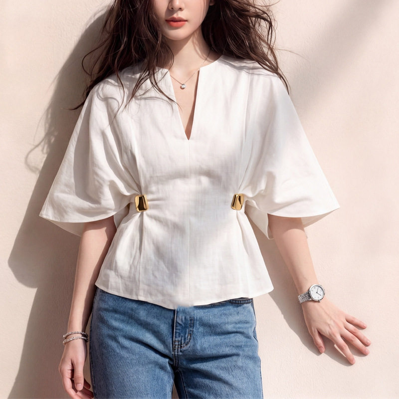 2026新款韩系夏季白色五分袖收腰衬衫女装高级感轻奢洋气百搭上衣