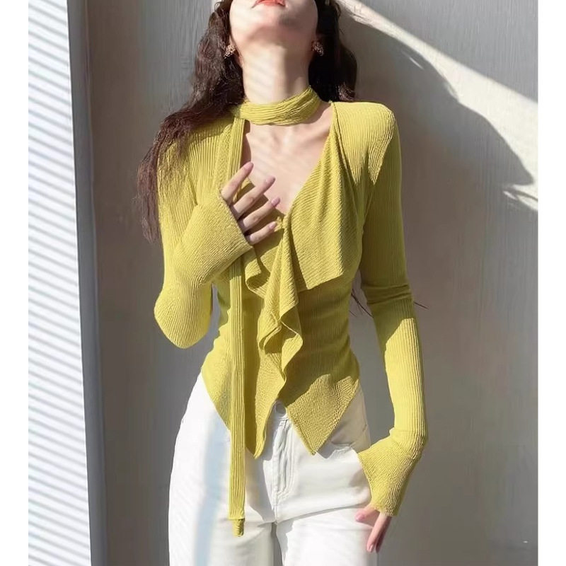 法式荷叶边黄色v领飘带长袖针织衫t恤女春秋设计感不规则修身上衣