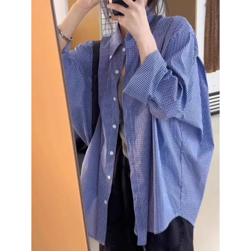 春夏新款韩版宽松显瘦蓝色格子衬衫女长袖大码百搭休闲慵懒风衬衣