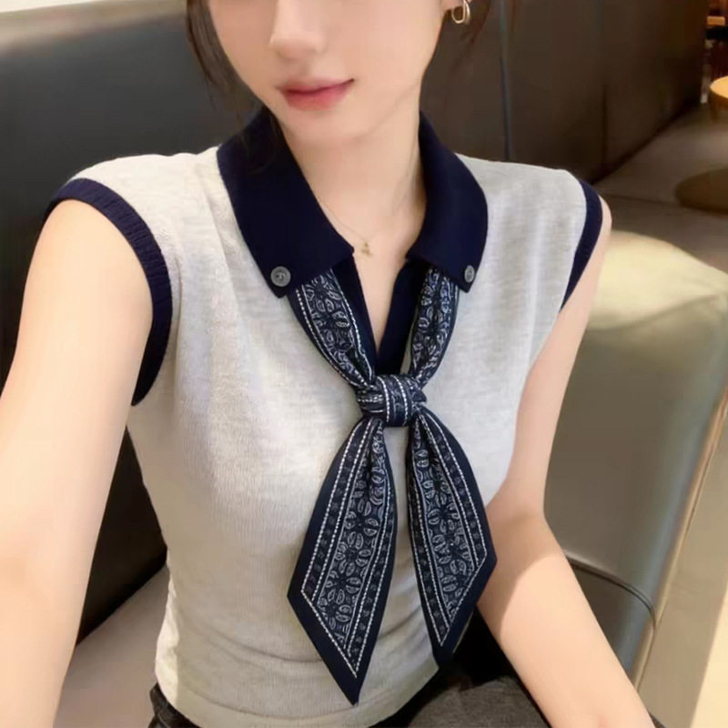 时尚撞色丝巾Polo领针织背心女2026夏季新款外穿无袖t恤百搭上衣