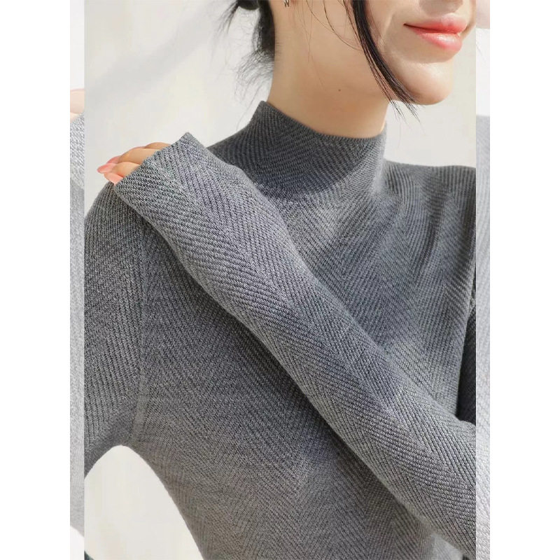 韩系穿搭灰色半高领针织衫女装内搭早秋冬修身毛衣打底衫短款上衣