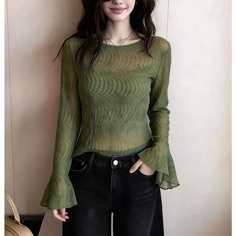 绿色微透正肩长袖防晒罩衫t恤女夏季小个子吊带外搭薄款空调上衣