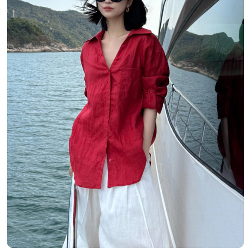 红色度假风亚麻衬衫女春夏新款慵懒松弛感休闲设计感小众防晒衬衣