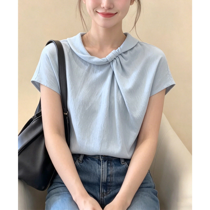 法式蓝色立领褶皱短袖衬衫女士2026夏季新款巨好看设计感通勤上衣