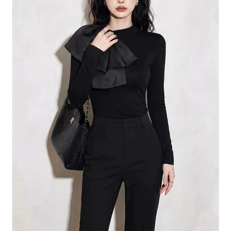 黑色蝴蝶结打底衫上衣女秋季2026新款独特超好看修身显瘦内搭t恤