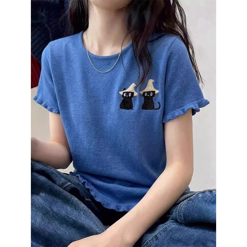 独特漂亮miu系蓝色小猫短袖t恤女2026春夏超火减龄针织衫显瘦上衣