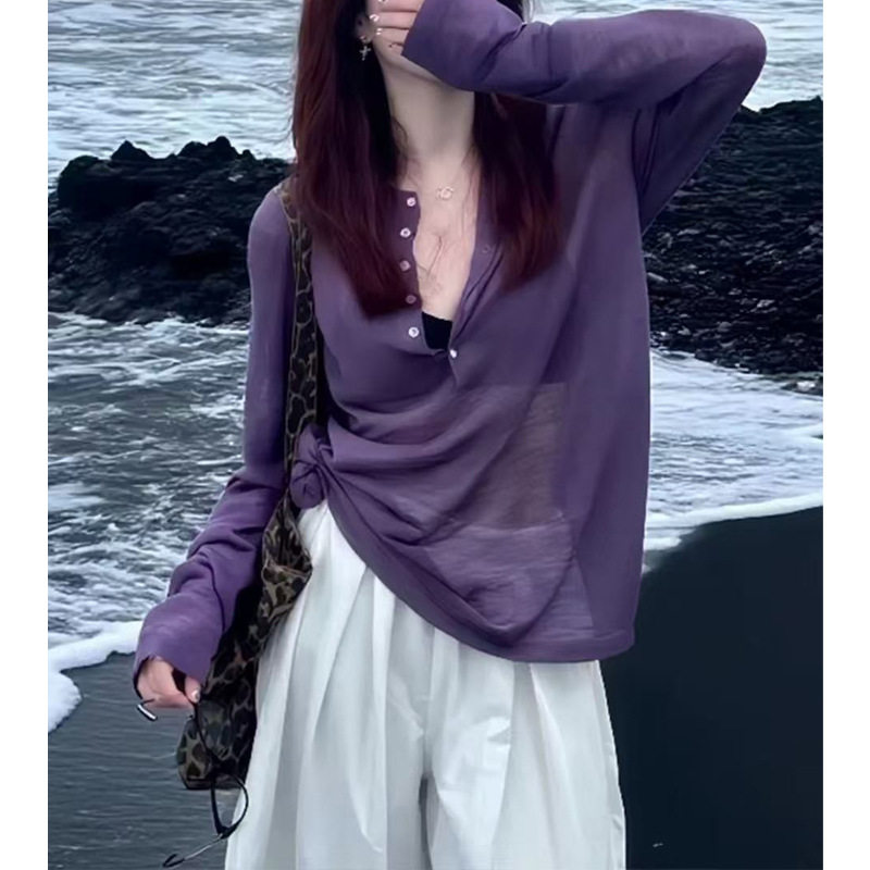 紫色冰丝长袖针织防晒罩衫女夏季吊带外搭宽松慵懒松弛感薄纱上衣