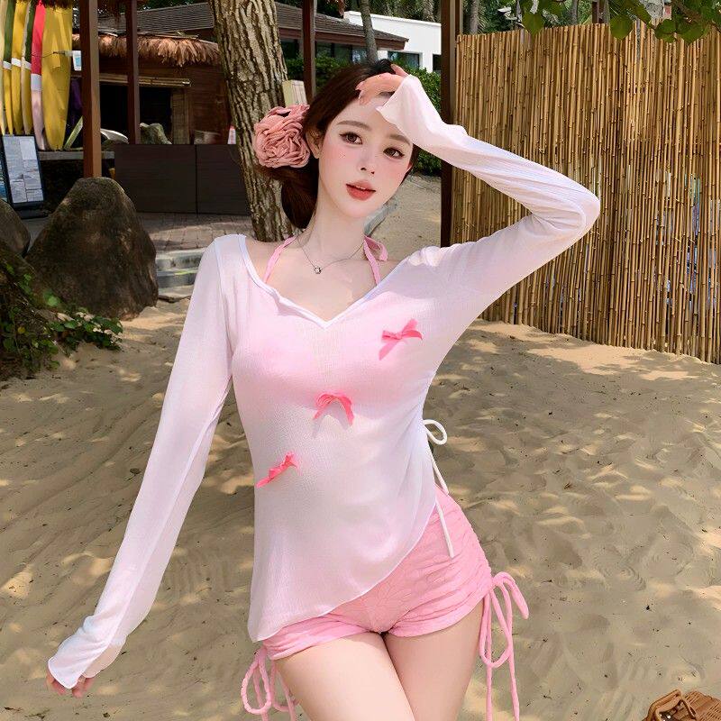 泳衣女粉色显白高级感挂颈比基尼长袖罩衫绝美显瘦学生保守三件套