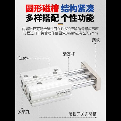 小型气动带导杆三轴三杆气缸MGPM16/12/20/32/63/25-30-40-50-100