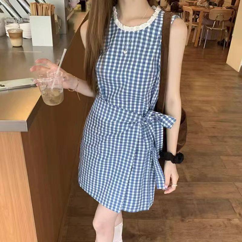 法式蓝白格子系带背心连衣裙女夏季2025新款气质休闲百搭无袖