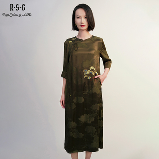 郭培成衣RSG「松云墨棕」新中式云纹刺绣长款连衣裙