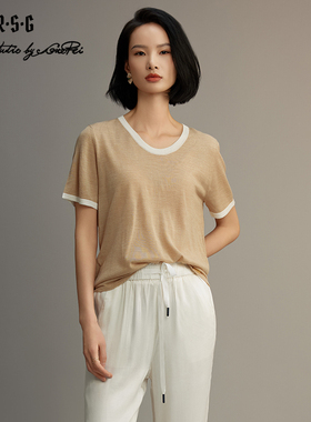 R.S.G精品系列短袖薄款针织衫女装撞色圆领高级感宽松t恤上衣