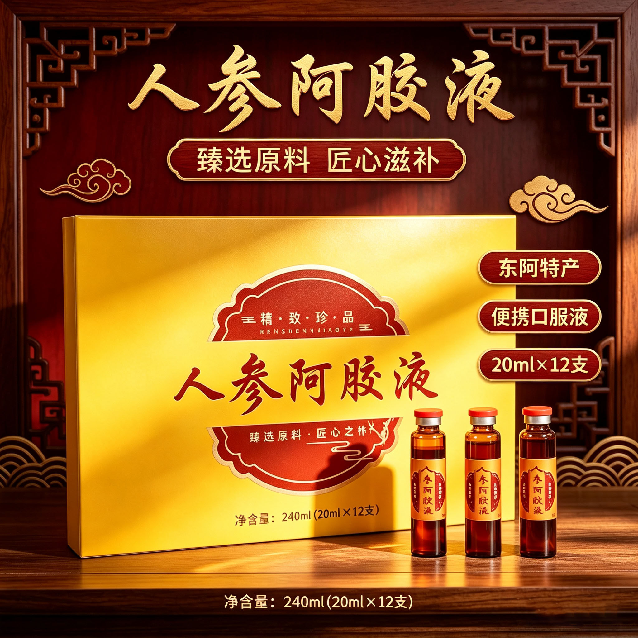 人参阿胶液240ml礼盒装20ml*12支即食口服液便携瓶装节日送礼饮品