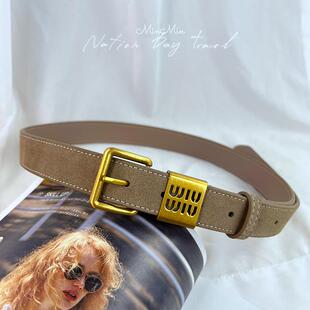 韩系字母金扣反绒腰带女仿麂皮绒二层牛皮皮带搭配裙子毛衣牛仔裤