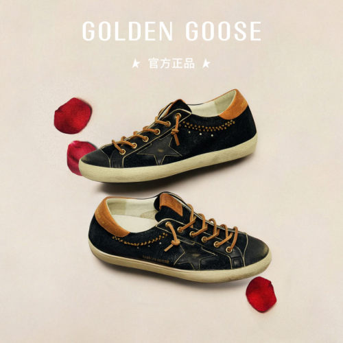 GoldenGoos男女黑色皮革星板鞋