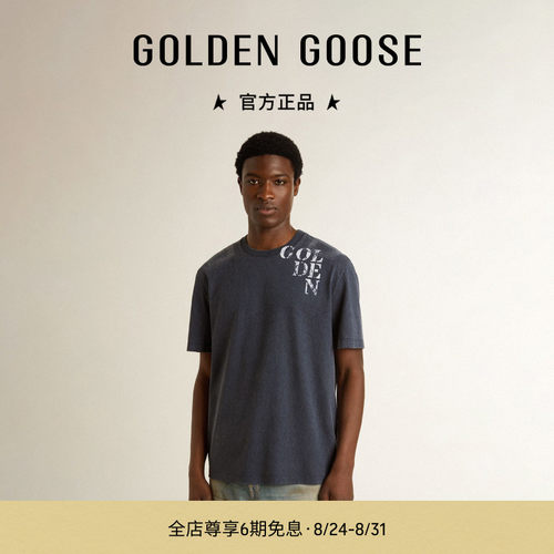 Golden Goose男JOURNEY蓝色男士圆领白色印花T恤GGDB