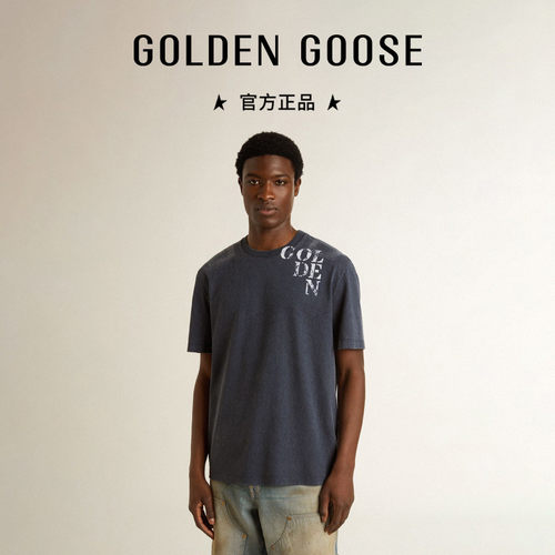 Golden Goose男JOURNEY蓝色男士圆领白色印花T恤GGDB