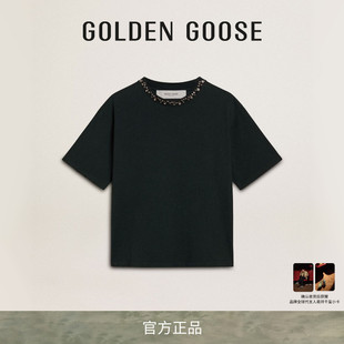Golden Goose女士Golden系列領(lǐng)口仿水晶裝 飾黑色T恤GGDB 新品