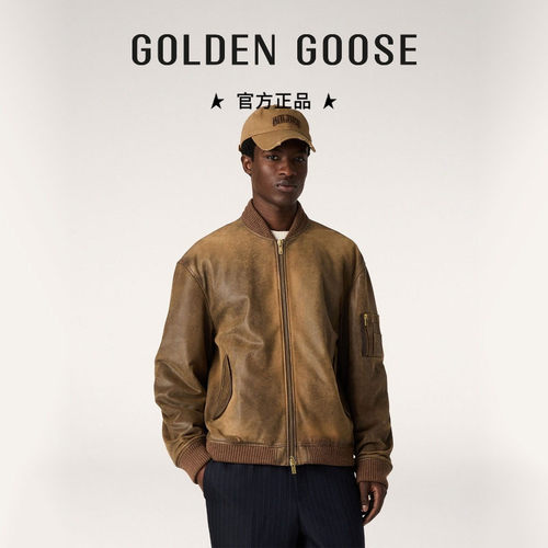 Golden Goose 礼物情侣款JOURNEY棕色棒球领休闲宽松皮衣外套GGDB