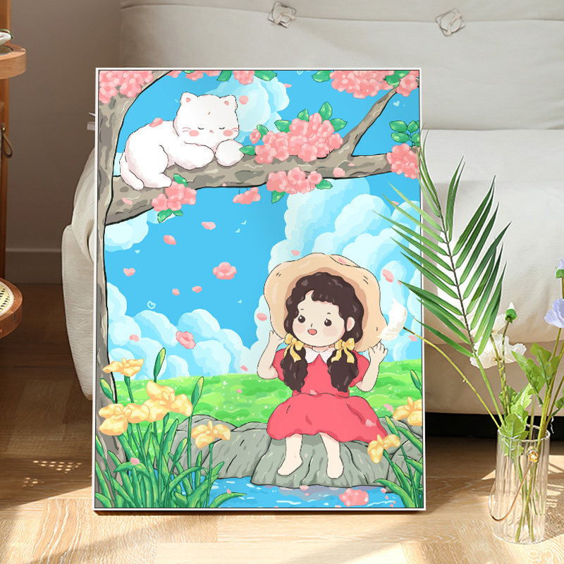 猫咪女孩儿diy数字油画填充油彩手工绘涂色填色治愈卡通装饰定制