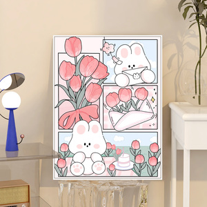 治愈系分镜数字油画兔子郁金香diy油彩手工绘画填充丙烯装饰挂画